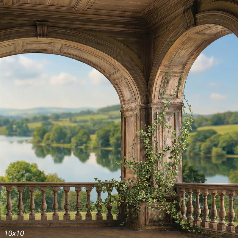 This studio background features classical stone arches, a balustrade, and ivy overlooking a calm landscape, presented as a photography backdrop for portrait subjects.