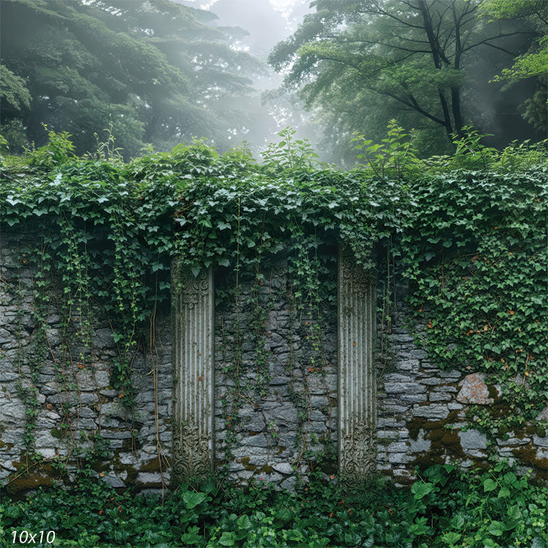 Printed studio background featuring a weathered stone wall with ivy drape, hanging vines, and classical vertical column accents. Soft mist and treetops appear above the wall line behind a subject.