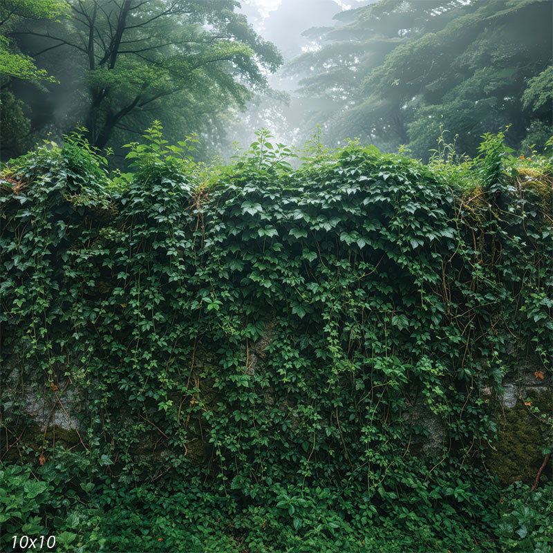 Printed studio background featuring a thick ivy-covered wall with layered leaves and vines, with soft mist and treetops above the wall line. The scene creates a textured green setting behind a subject.