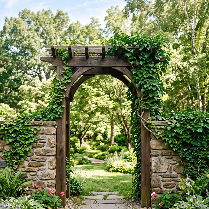 Wider view of the ivy-covered stone arbor showing more of the garden beyond the arch and the flowering plants at the base, a photography backdrop.