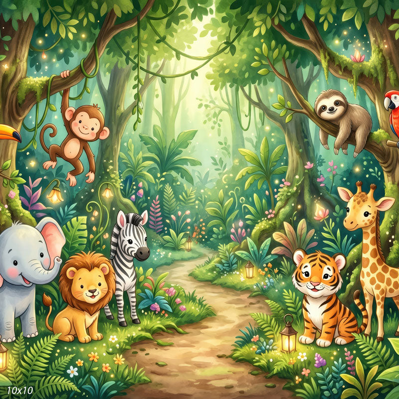 Jungle Friends cartoon jungle animals along a lantern-lit path wide scene backdrop CP-8971