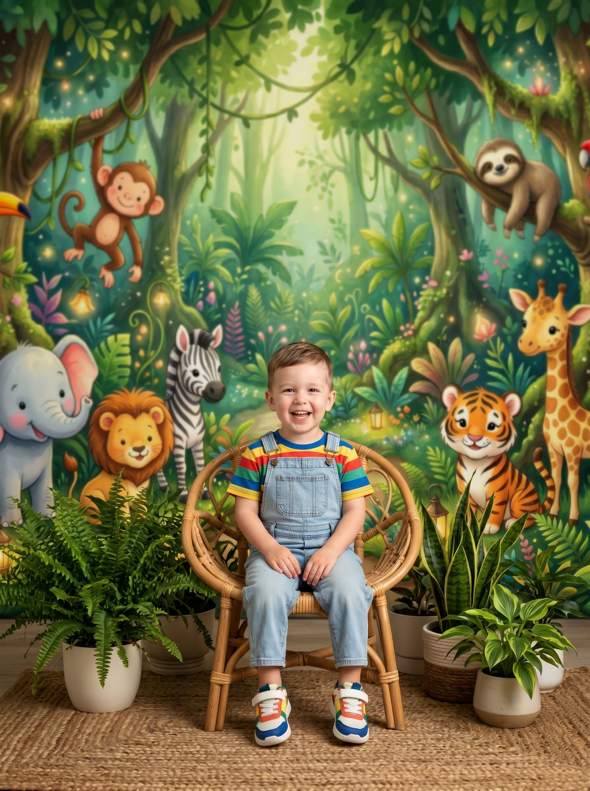 Jungle Friends whimsical jungle photography backdrop with friendly cartoon animals, shown in a styled studio setup with a young boy seated on a rattan chair among potted ferns CP-8971