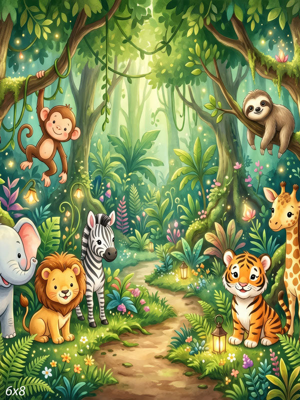 Jungle Friends whimsical jungle with friendly cartoon animals photography backdrop CP-8971