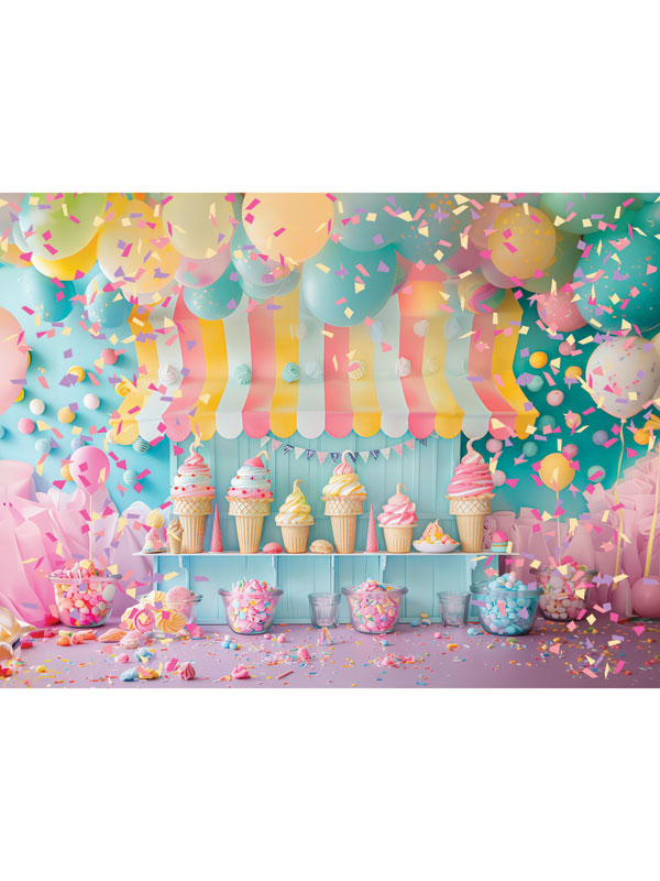 Kids Cake Smash Ice Cream Parlor Photography Backdrop - Photography backdrop featuring a pastel-colored ice cream parlor setting for kids' cake smash sessions.