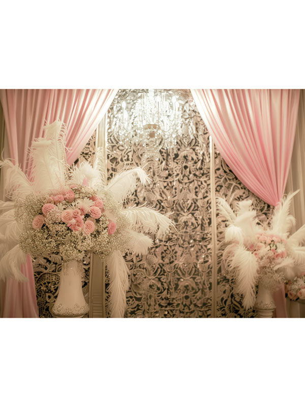 Kids Cake Smash Pink Glamour Photography Backdrop - Photography backdrop featuring a luxurious pink glamour setting with drapes, flowers, and feathers for kids' cake smash sessions.