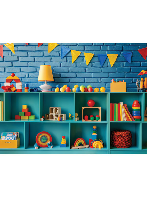 Kids Cake Smash Preschool Bookcase Photography Backdrop - Photography backdrop featuring a colorful preschool bookcase setting with toys and books for kids' cake smash sessions.