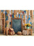 Kids Cake Smash Ready for School Photography Backdrop - Photography backdrop featuring a rustic back-to-school setting with a chalkboard, bunting flags, and wooden stools for kids' cake smash sessions.