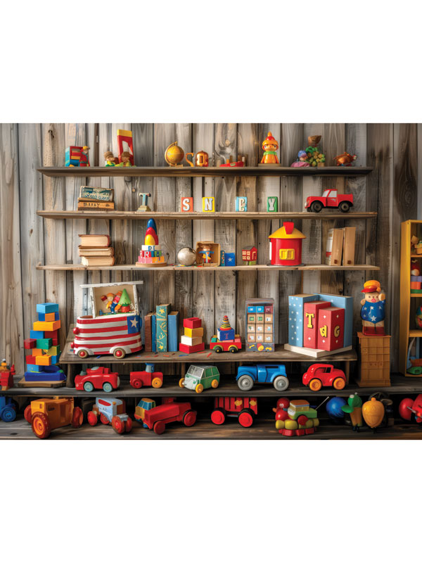 Kids Cake Smash Rustic Wooden Toy Photography Backdrop - Photography backdrop featuring a collection of vintage wooden toys on rustic wooden shelves for kids' cake smash sessions.