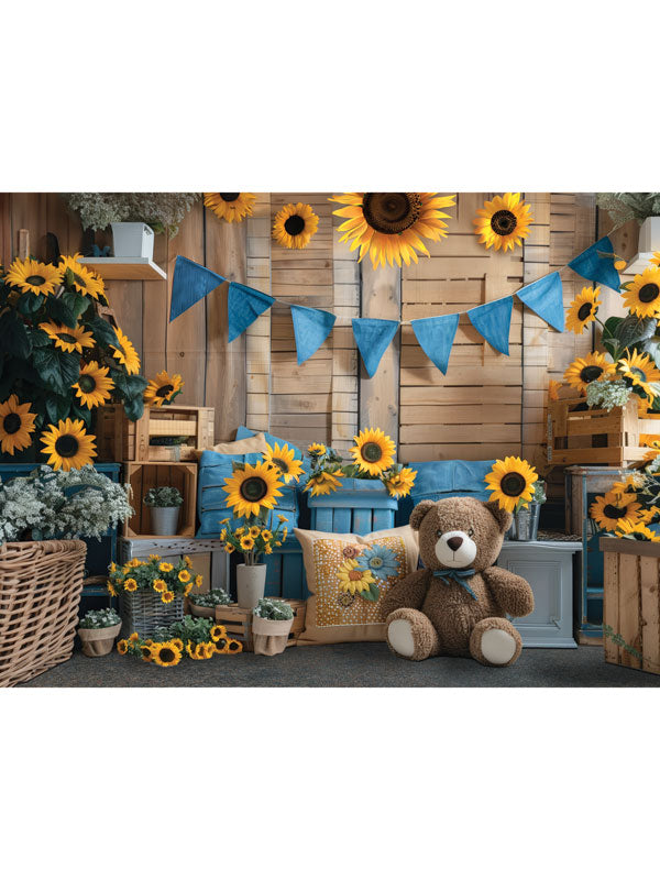 Kids Cake Smash Sunflower Garden Photography Backdrop - Photography backdrop featuring a rustic sunflower garden setting for kids' cake smash sessions.