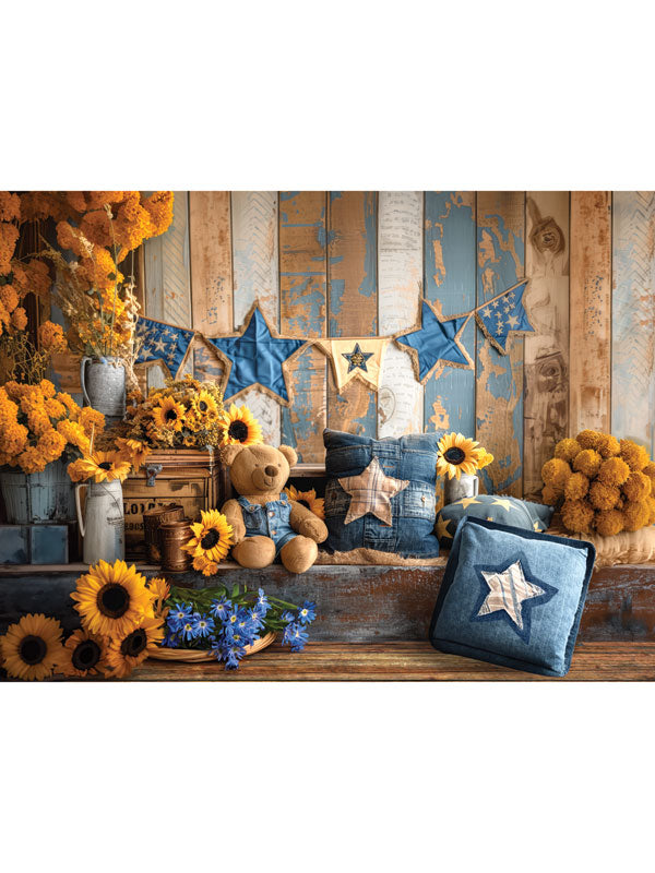 Kids Cake Smash Sunflower Teddy Bear Photography Backdrop - Photography backdrop featuring a whimsical scene with denim star pillows, teddy bears, and sunflowers for kids' cake smash sessions.