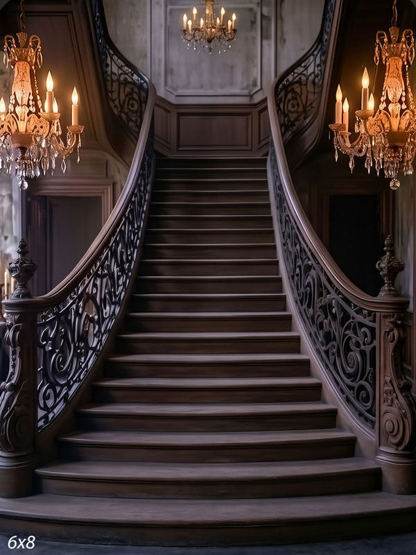 Opulent mansion foyer with a wide wooden staircase curving between ornate black iron railings under crystal chandeliers, a grand interior photography backdrop.