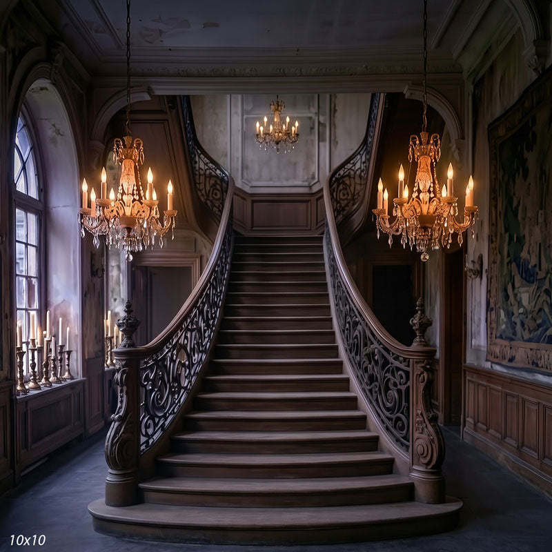 Wider view of the estate foyer showing an arched window with candles, a wall tapestry and the full hanging chandeliers over the open landing, a grand interior photography backdrop.