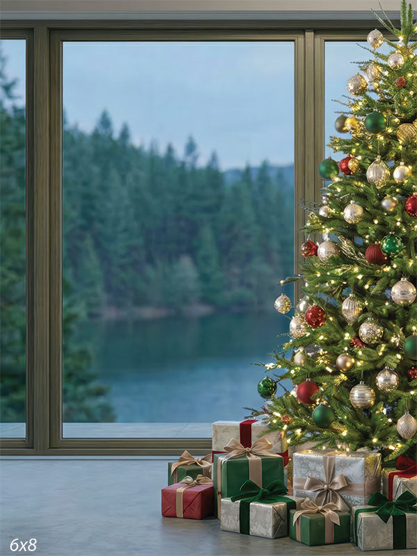 Lake Noel modern room floor-to-ceiling window forest lake Christmas tree backdrop CP-8909