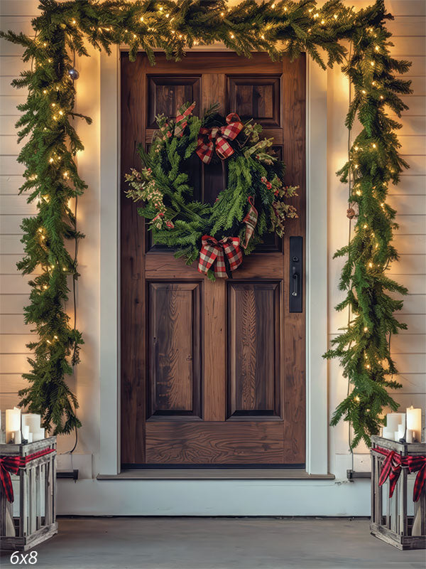 Lantern Noel Christmas front door buffalo plaid wreath lit garland candle lanterns white siding backdrop CP-8920