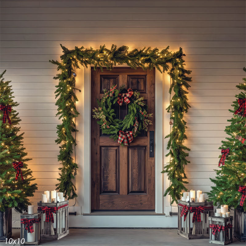 Lantern Noel holiday front door plaid wreath garland white house siding candle lanterns portrait backdrop CP-8920