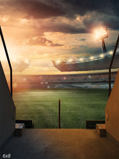 Large Stadium Entrance Photography Backdrop - A large stadium entrance photography backdrop with a sunset view and green field, ideal for sports-themed photoshoots.