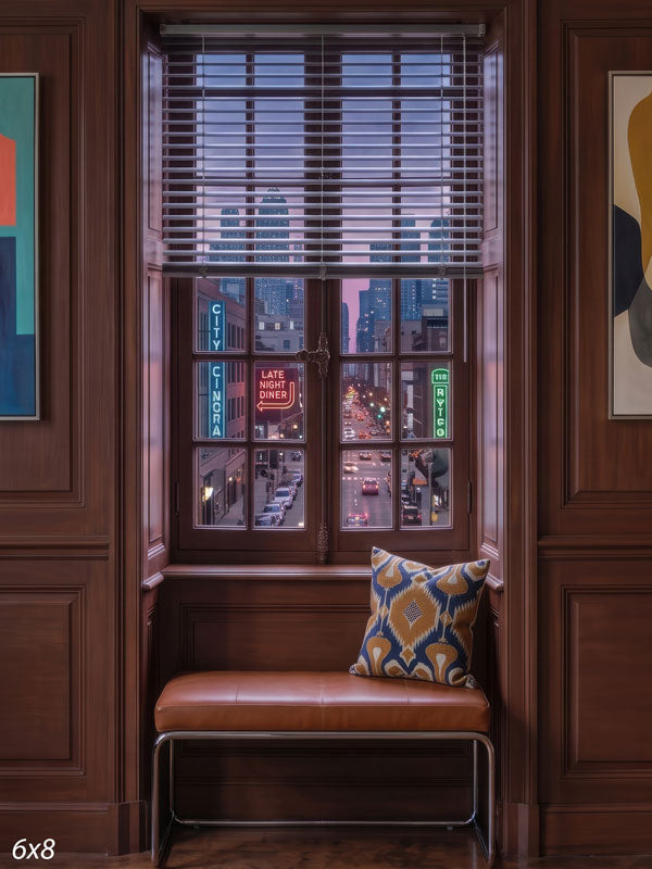 Wood-paneled room with a leather bench below a tall window overlooking a neon-lit downtown street at dusk, a city view photography backdrop.