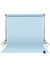 Light blue seamless photography backdrop paper mounted on an adjustable stand for professional studio use.
