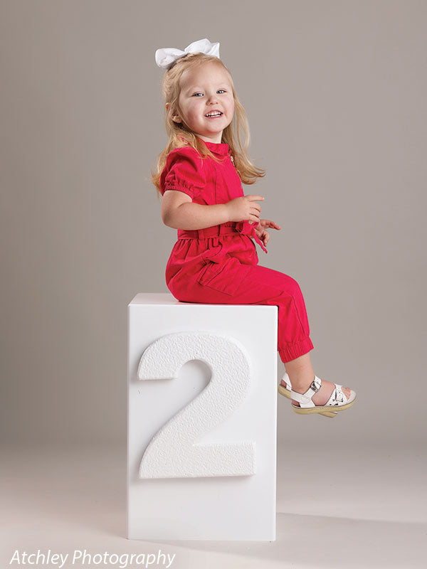 Portrait session with seated toddler and number block—set against a neutral light gray backdrop for milestone shoots.