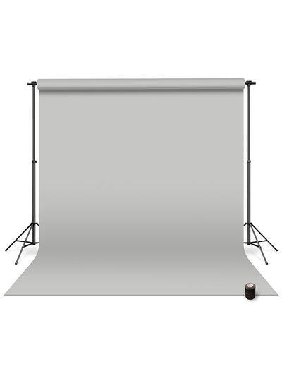 Light gray seamless photography backdrop paper mounted on an adjustable stand for professional studio use.