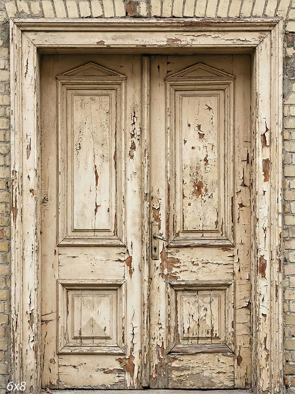 This photography backdrop features distressed cream double doors centered in a pale brick wall with chipped paint, exposed wood, and soft neutral tones forming a studio background.