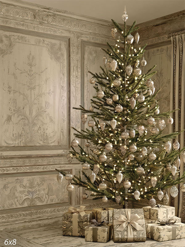 Elegant neutral French room sparse Christmas tree silver ornaments backdrop CP-8904