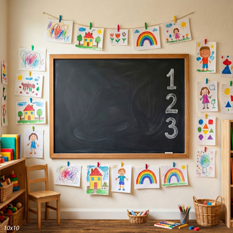 Little Scholar chalkboard wall with kids drawings and supplies wide scene backdrop CP-8965