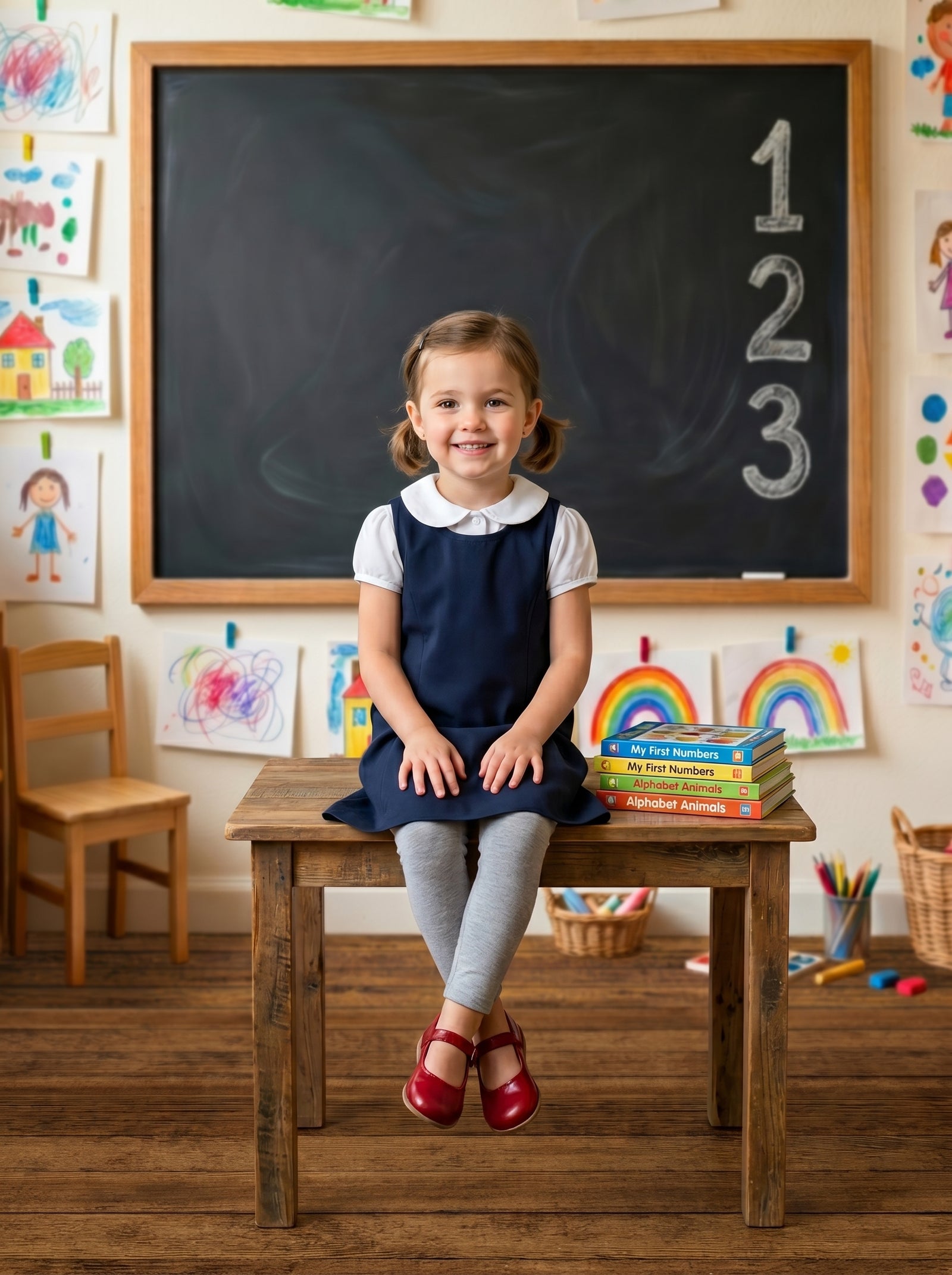 Little Scholar classroom chalkboard photography backdrop with chalk numbers and children's artwork, shown in a styled studio setup with a young girl seated on a wood table CP-8965