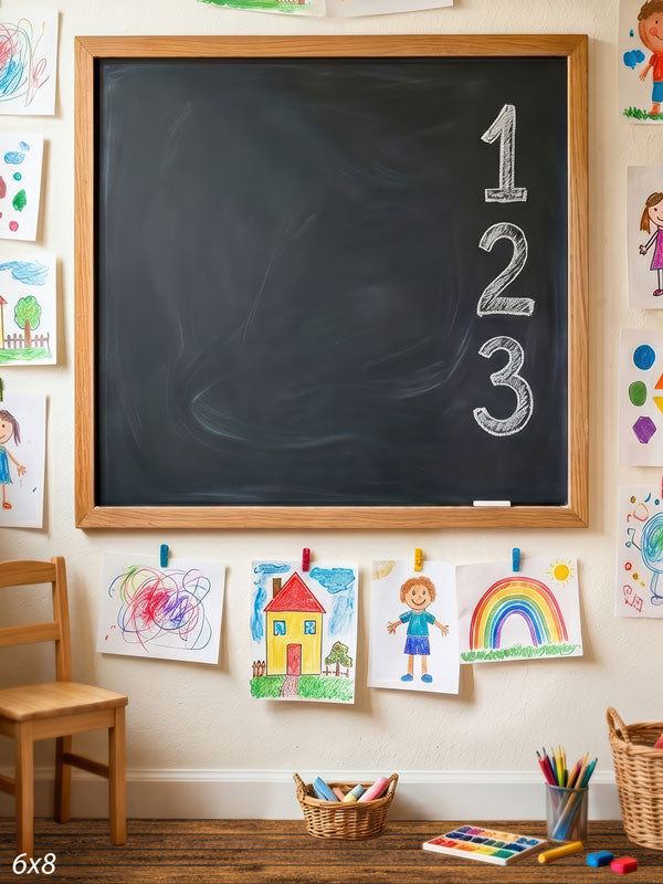 Little Scholar classroom chalkboard with children's artwork photography backdrop CP-8965