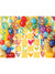 Love Checkerboard Yellow Cake Smash Backdrop - Checkerboard backdrop with "LOVE" and hearts on yellow, adorned with colorful balloons and streamers, perfect for cake smash and festive photoshoots.