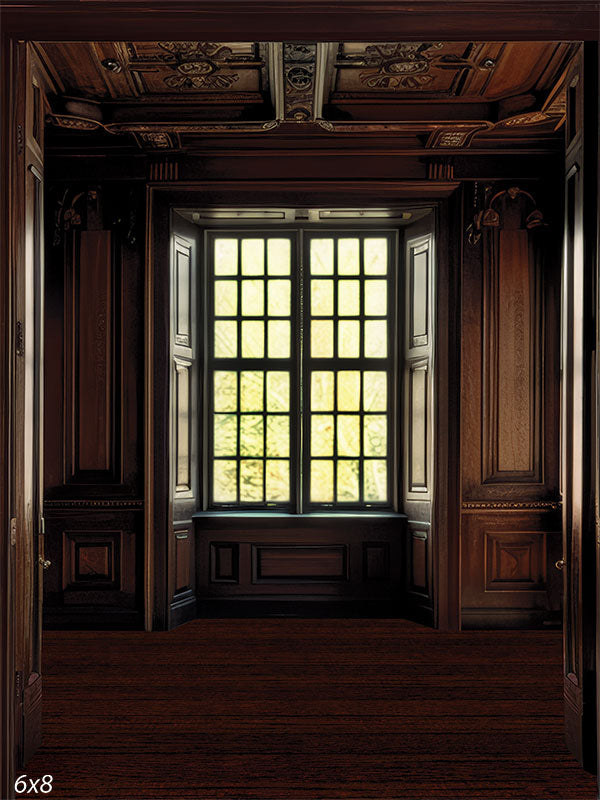 Luxurious Dark Wood Panel Room Backdrop - Luxurious dark wood panel room backdrop featuring intricately carved wooden panels, a large multi-pane window allowing soft natural light, and detailed woodwork on the ceiling, creating a sophisticated and elegant ambiance.