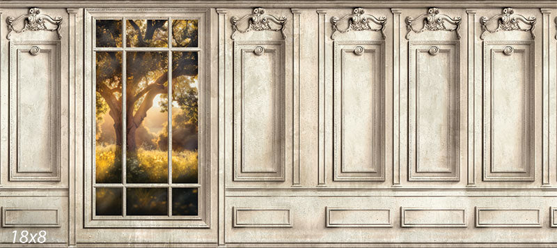 Luxurious Light Wood Panel Room Backdrop - Luxurious light wood panel room backdrop featuring intricately carved wooden panels, a large window framing a serene, sunlit landscape, and soft golden light creating a sophisticated and inviting ambiance.