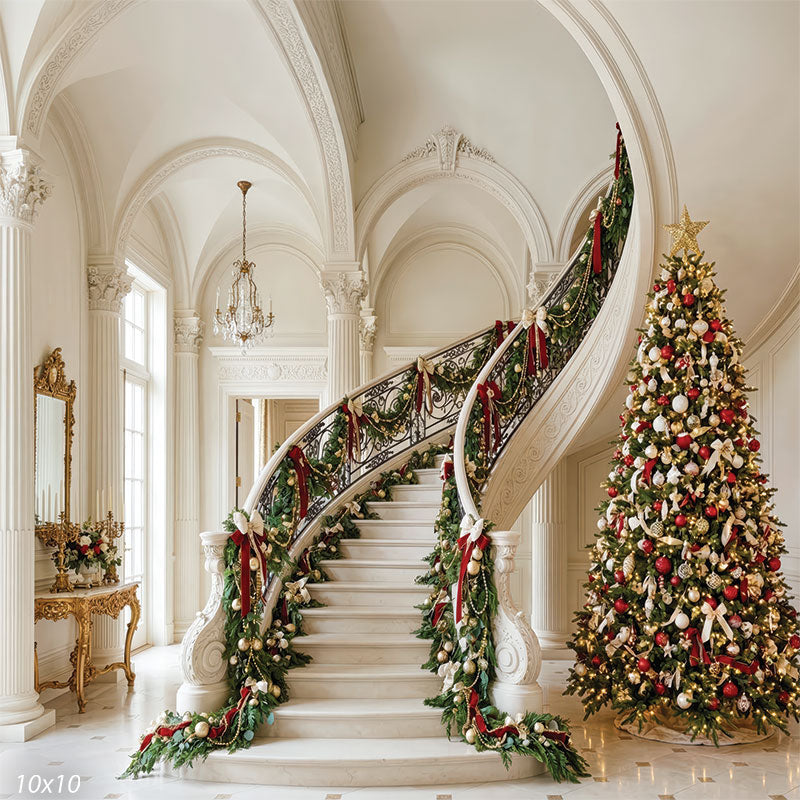 Luxury white mansion foyer ornate staircase Christmas tree garland backdrop CP-8908