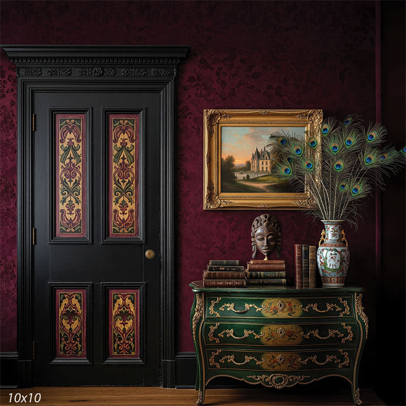 A richly detailed studio backdrop with antique furniture, deep jewel tones, peacock feathers, and a gold-framed painting for classic fine art portraits.
