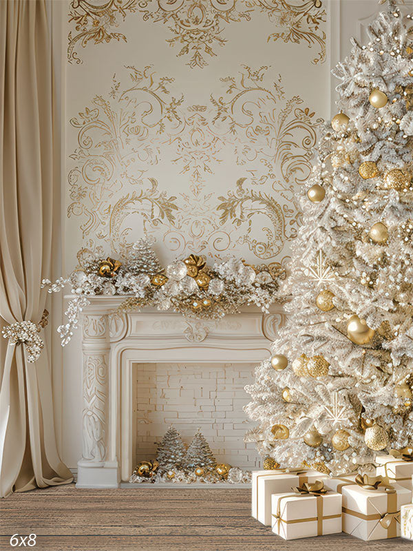 Elegant white and gold Christmas photography backdrop featuring a flocked tree with gold ornaments, an ornate fireplace, shimmering garlands, and wrapped gifts—perfect for luxury holiday portraits and upscale studio sessions.