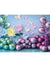 Magical Pastel Blooms Cake Smash Backdrop - Vibrant backdrop with pastel paper flowers, butterflies, and clusters of metallic balloons in purple and teal, perfect for cake smash photoshoots.