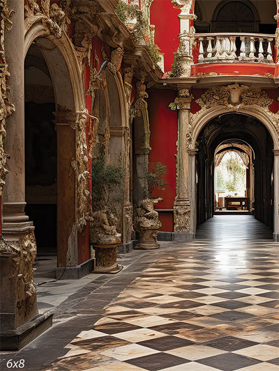 Majestic Baroque Hallway Photography Backdrop - Photography backdrop featuring a grand Baroque hallway with intricate carvings, rich red walls, and marble-like flooring.