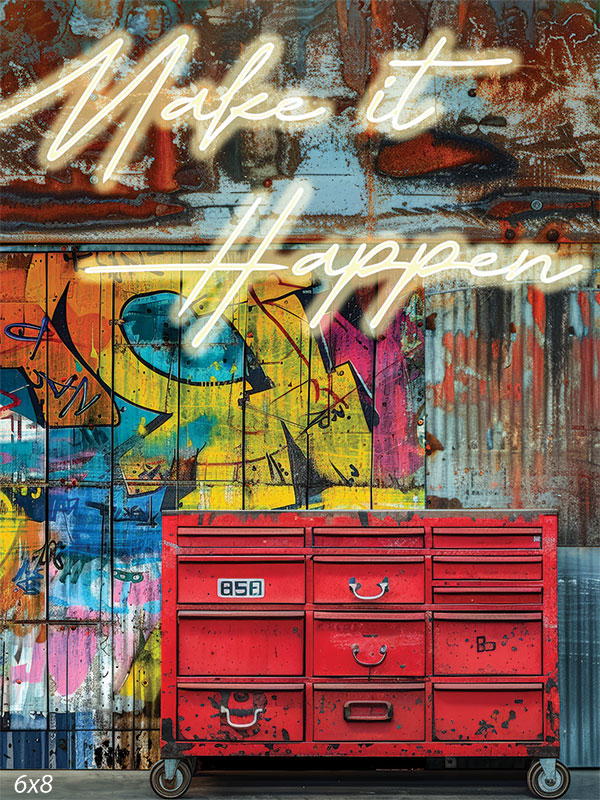 "Make it Happen" Graffiti and Red Toolbox Photography Backdrop - Graffiti mural with a neon "Make it Happen" sign and a distressed red toolbox, ideal for urban or industrial-themed photography.