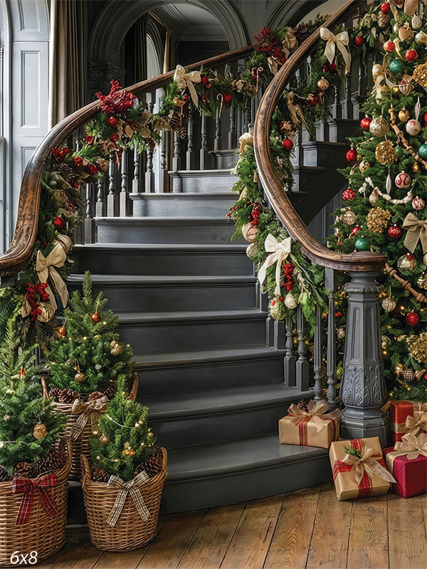 Elegant curved staircase Christmas tree gifts warm lighting backdrop CP-8901