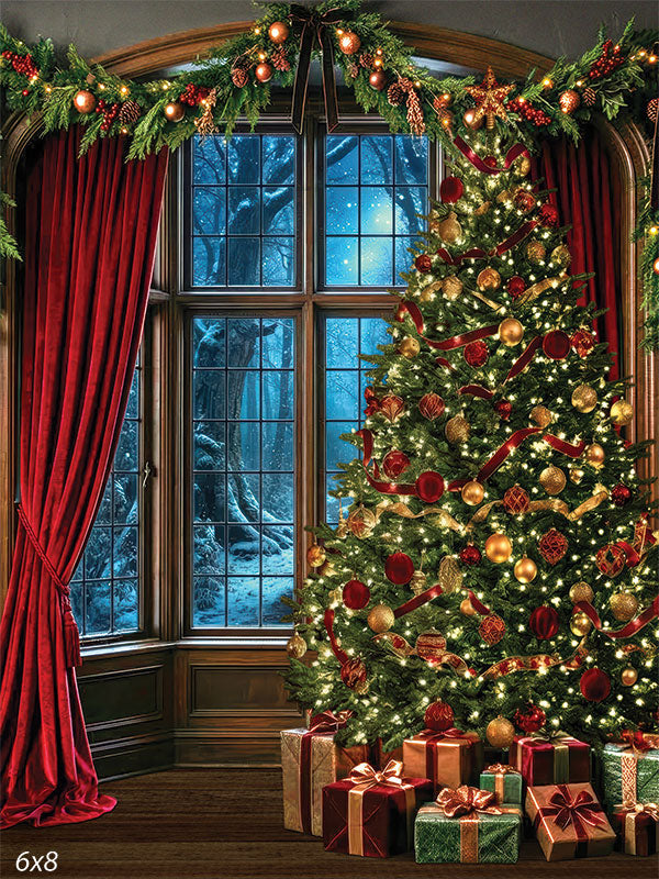 Christmas Tree Red Velvet Curtains Interior Backdrop - Denny Mfg