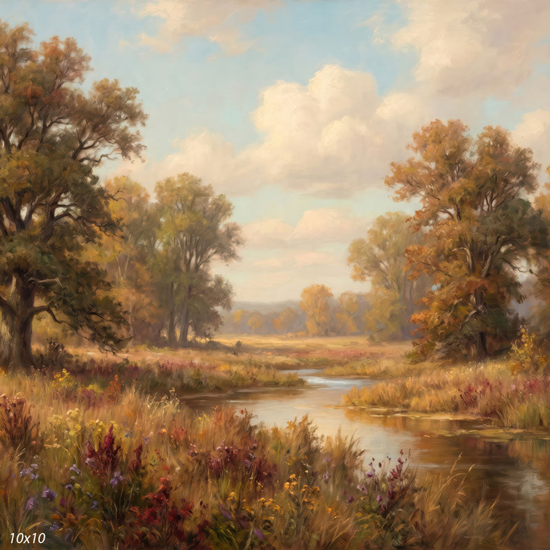 Maple Hollow autumn meadow and stream wide scene backdrop CP-8947