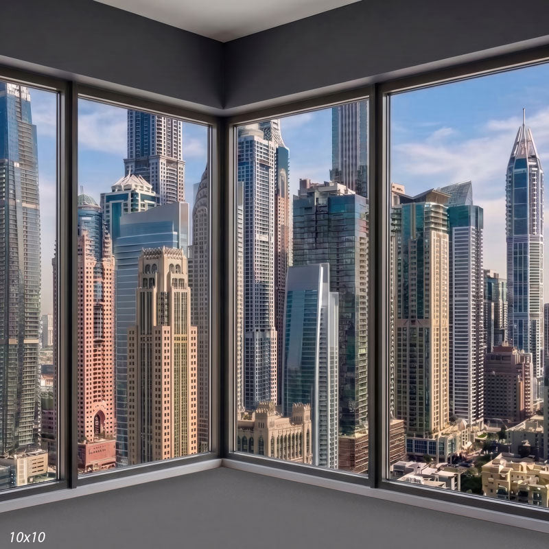 Wider view of the window corner showing both glass walls and a broader panoramic skyscraper skyline, a city view photography backdrop.