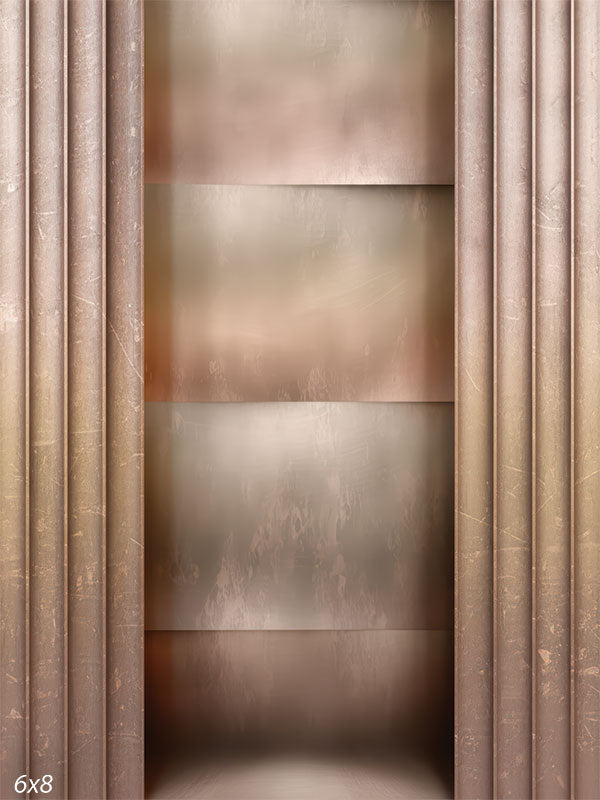 A studio background featuring vertical copper ridged panels on the sides and horizontal metallic bands in the center. The design simulates a structured architectural wall in warm bronze tones.