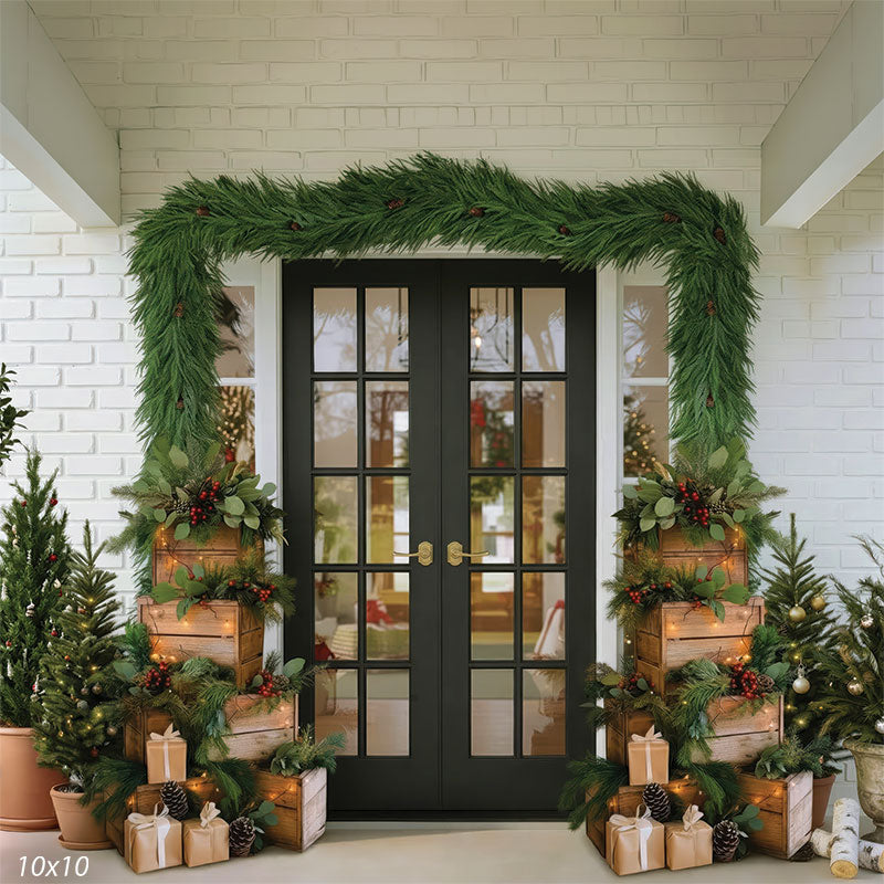 Midnight Porch black French double doors Christmas garland backdrop CP-8924