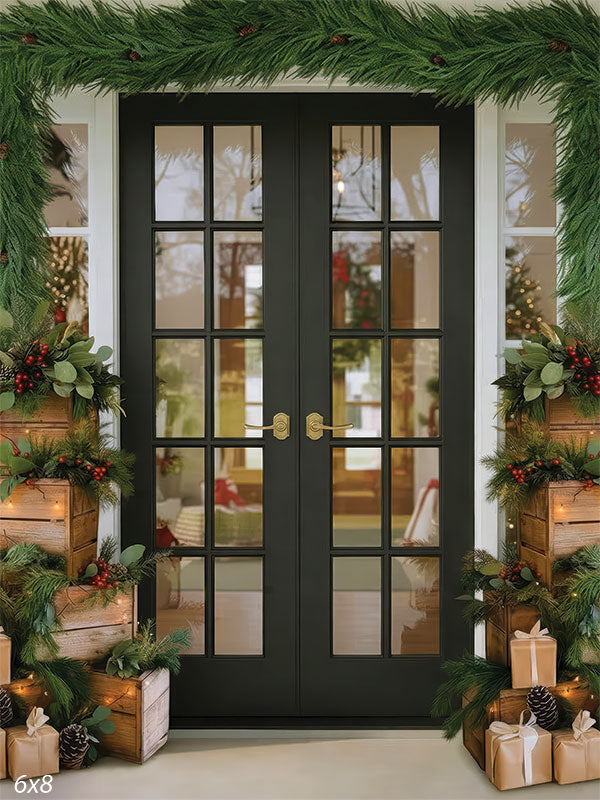 Midnight Porch Christmas porch with black double doors and stacked wooden crates backdrop CP-8924