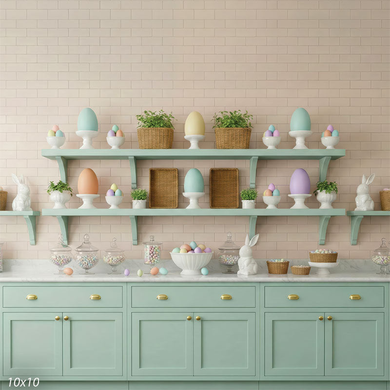 A studio background showing a pastel kitchen scene with mint cabinets, open shelves, and Easter decorations. The shelves hold baskets, ceramic rabbits, and colorful eggs against a beige subway tile wall.