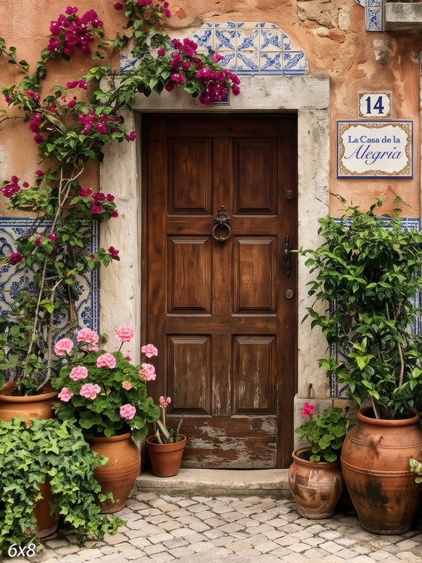 Carved wood door in a peach stucco facade with climbing magenta bougainvillea and potted pink geraniums, a scenic doorway photography backdrop.