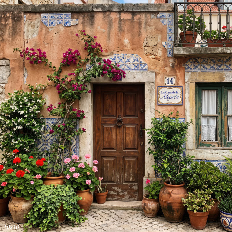 Wider view of the Spanish facade showing a shuttered window with an iron balcony and more potted geraniums along the cobblestones, a scenic doorway photography backdrop.