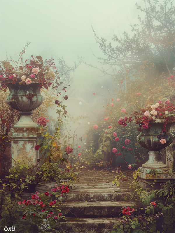 Romantic garden photography backdrop with misty stone steps, floral urns, and lush roses, ideal for professional use in portrait photography.