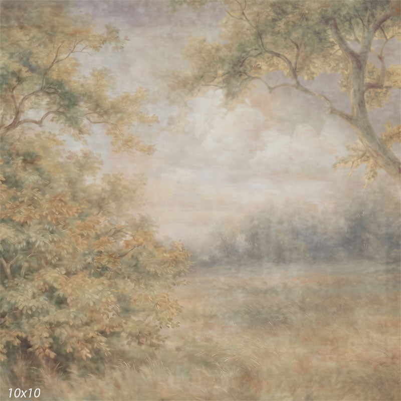Studio background featuring a painted-look meadow, distant trees, and soft atmospheric mist designed to sit behind a person in portraits.